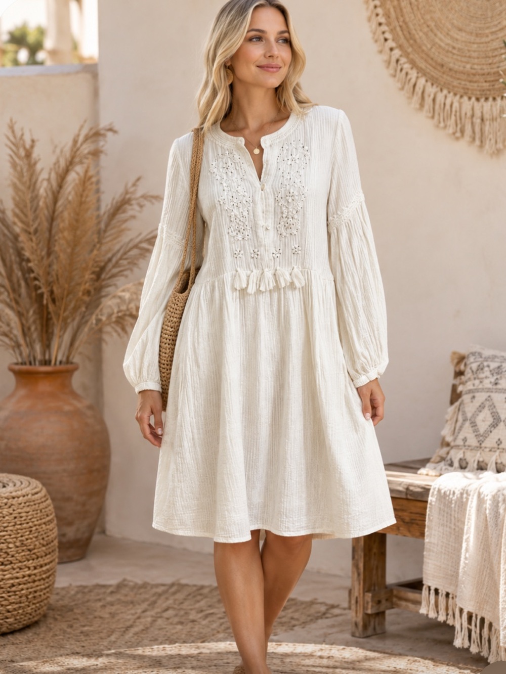LUNA LLENA Cream Gauze Cotton Lined Boho Prairie Long Sleeve Dress Medium